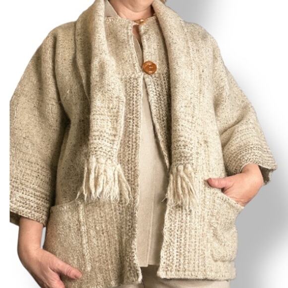 Vintage Shepherds Harvest Wool Cardigan Oatmeal Knit Fringe Scarf Jacket Large - Picture 12 of 12
